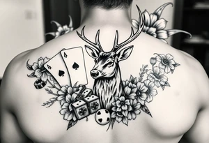 Casino theme with deer cards, dice poker, chips, and flowers and swirls in the background for a sleeve half sleeve tattoo idea