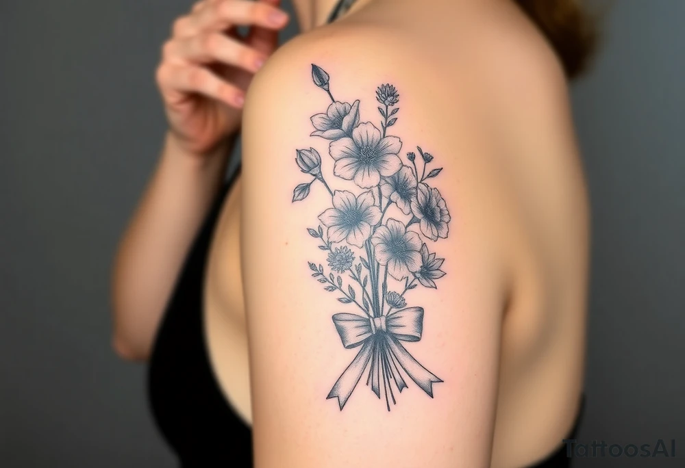 Half arm sleeve tattoo for women of 3 hollyhock flowers, one wild rose, 5 wild flowers in a bouquet with ribbon bow towards the bottom like the just got picked. On the ribbon include three names: June Etta, Roxy, Rosalie. Next the bouquet sperately put a full realistic doctors stethoscope tattoo idea