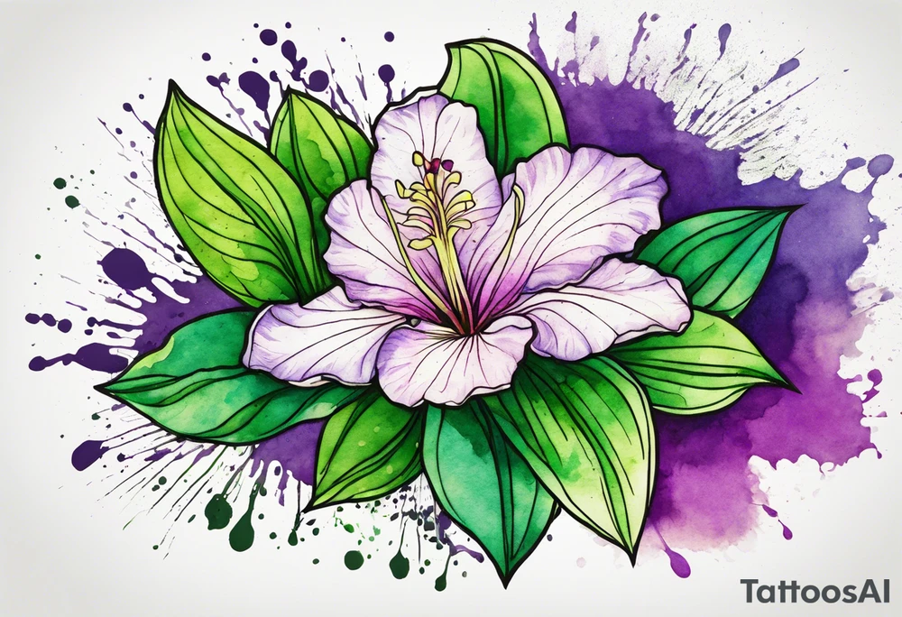 An outline of an only green rio dipladenia flower and a green and purple watercolor splash in the background tattoo idea