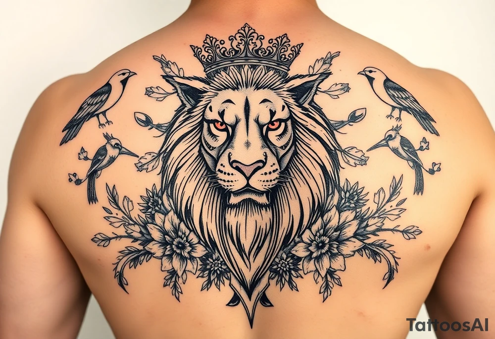 powerful majestic lion with a crown, surrounded by floral ornaments and birds tattoo idea