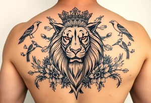 powerful majestic lion with a crown, surrounded by floral ornaments and birds tattoo idea