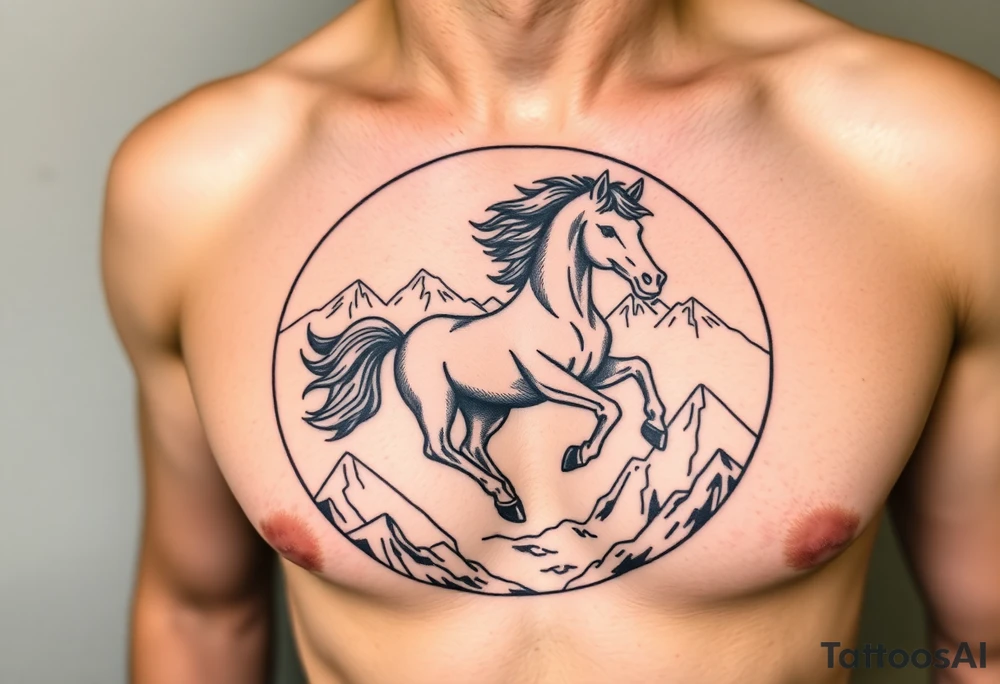 A golden mustang horse with black mane and legs, captured in motion inside a circle. The mountains and nature should frame the design, blending with the horse's black fur as a base to represent the landscape. Experiment with using the black fur to shape the mountains, playing with edges or interior details. tattoo idea