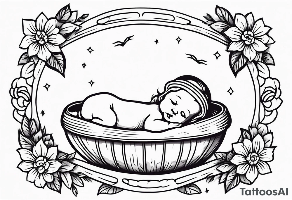 baby jesus in manger

old school vintage simple traditional design with vintage flowers surrounding it bold color simple tattoo idea