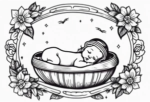 baby jesus in manger

old school vintage simple traditional design with vintage flowers surrounding it bold color simple tattoo idea
