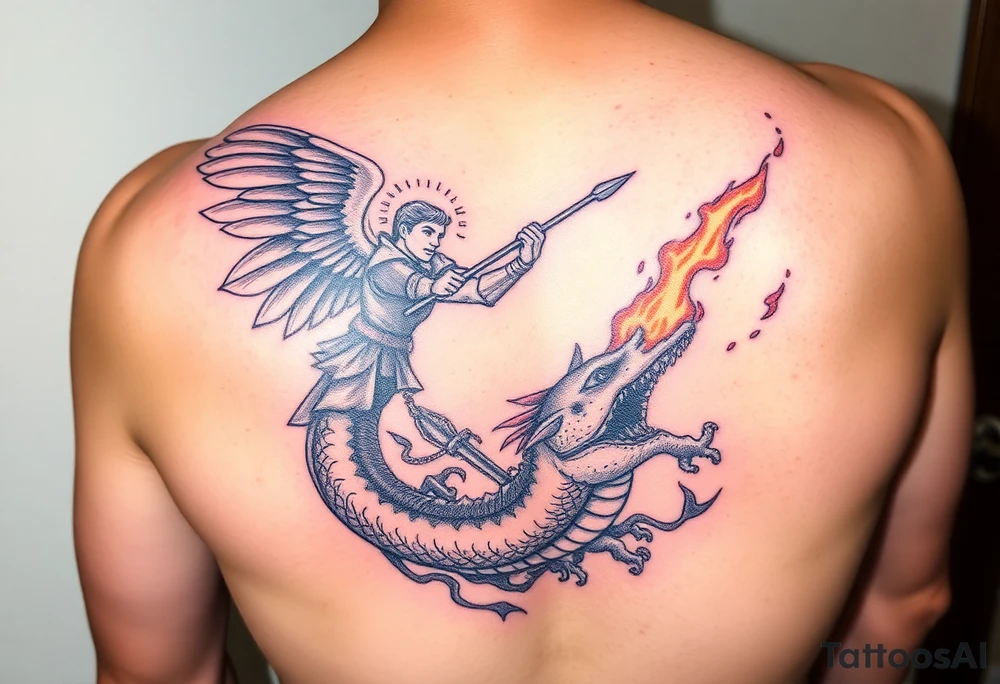 a angel in armor wielding a spear fighting a sea serpent that breathes fire tattoo idea