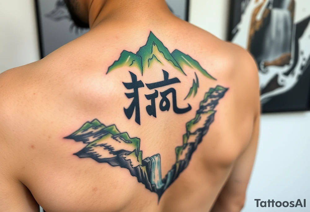 I need to import a photograph as the focal point of the tattoo. The Burmese word သား Inside of a photo the subject of the photo.  The photo surrounded by a colorful green mountainside with a waterfall tattoo idea