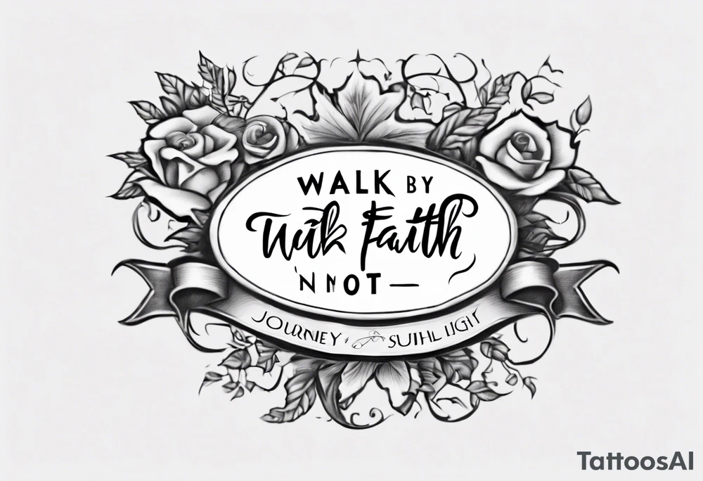 “walk by faith, not by sight” with an elegant script font. Integrate a subtle stairwell wrapping around the quote. This design captures the essence of the journey guided by faith. tattoo idea