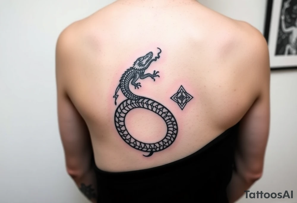 Ouroborous or dragon/serpent/snake eating its own tail in a figure 8 in negative space with geometric patterns on a leg tattoo design tattoo idea
