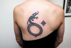 Ouroborous or dragon/serpent/snake eating its own tail in a figure 8 in negative space with geometric patterns on a leg tattoo design tattoo idea