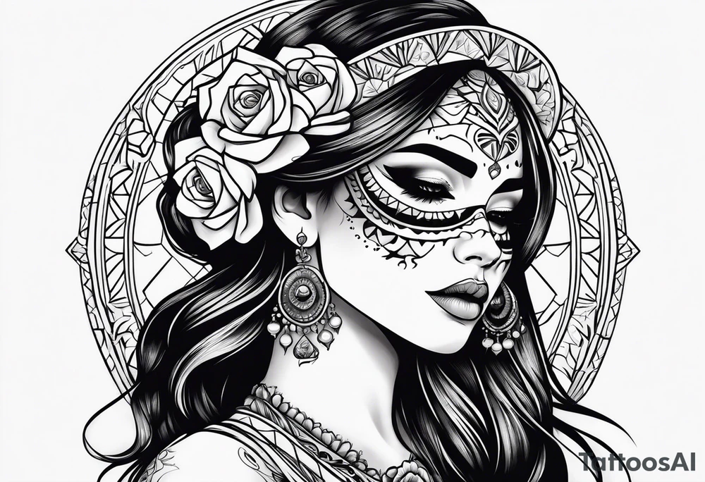 muertos style girl stretched horizontally tattoo idea