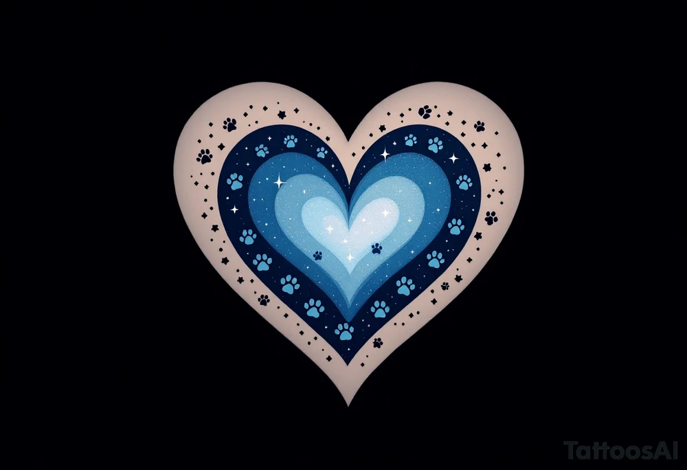 A heart made from overlapping paw prints, with a gradient effect turning from dark blue to light blue, as if the heart is made from a night sky. Small stars are dotted within the heart, and the surrounding area is shaded with soft black to give a dreamy, celestial feel.  Dark Blue, Light Blue, White (for stars), Black (for shading). tattoo idea