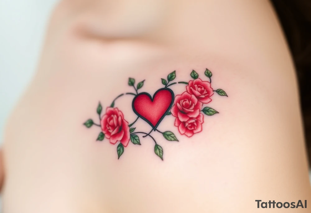 A infinity symbol with vine and delicate roses and a heart at its center, in soft red and green hues tattoo idea