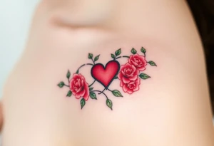 A infinity symbol with vine and delicate roses and a heart at its center, in soft red and green hues tattoo idea