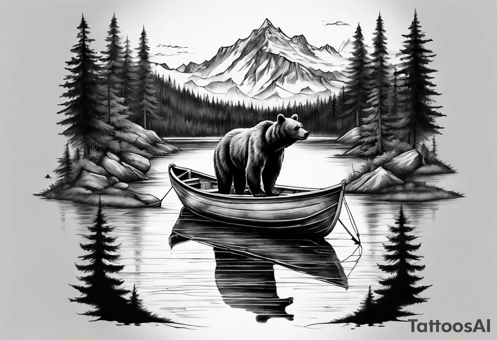 bear head right above the forest line with a lake below with a small fishermans boat floating on it, full arm sleeve tattoo tattoo idea