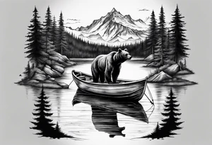 bear head right above the forest line with a lake below with a small fishermans boat floating on it, full arm sleeve tattoo tattoo idea