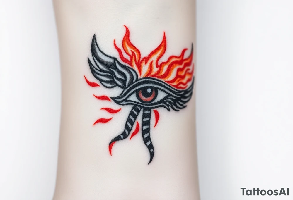 A fire-themed Eye of Horus, with glowing orange and red flames dancing around, symbolizing transformation and power tattoo idea