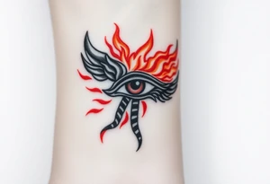 A fire-themed Eye of Horus, with glowing orange and red flames dancing around, symbolizing transformation and power tattoo idea