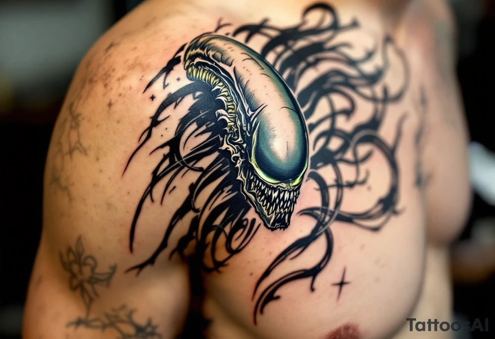 A Xenomorph’s elongated skull blending into abstract tribal patterns, using a dark palette with in green and yellow. tattoo idea