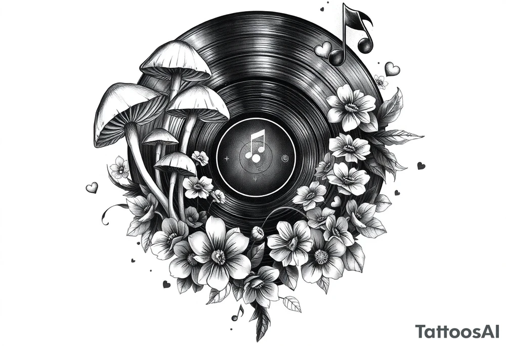 vinyl record with mushrooms, flowers, hearts, and music notes tattoo idea