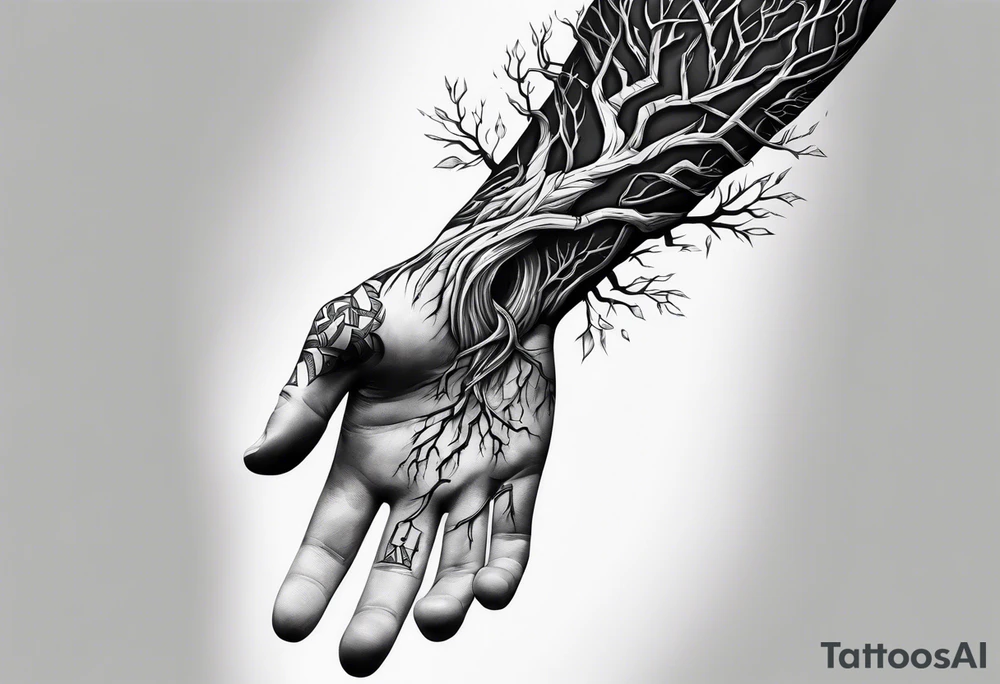 tattoo fool sleeve, tree roots break out of the chains at the bottom of the hand tattoo idea