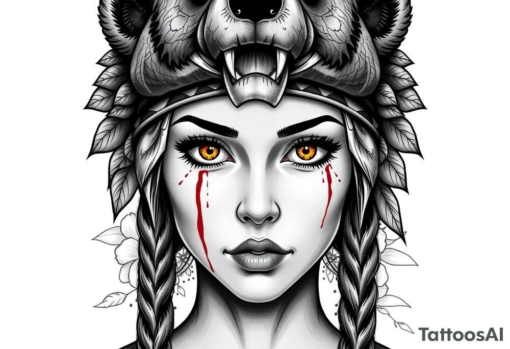 Young Symmetrical Beautiful Woman, looking forward, with colored eyes, shedding a tear, with battle scars and blood on face, with soft look, wearing a mean looking bear headdress on head, with flower background tattoo idea