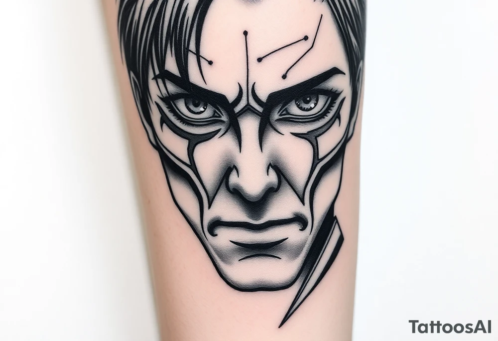 Face of eren jaeger after transforming from titan, with titan marks on his eyes tattoo idea