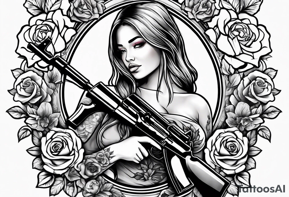Beautiful angle with tattoos surrounded by roses holding a ak 47 tattoo idea