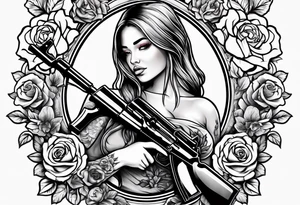 Beautiful angle with tattoos surrounded by roses holding a ak 47 tattoo idea