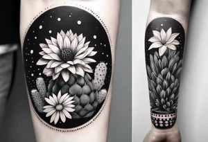 Forearm sleeve with cactus, daisies, and greenery tattoo idea