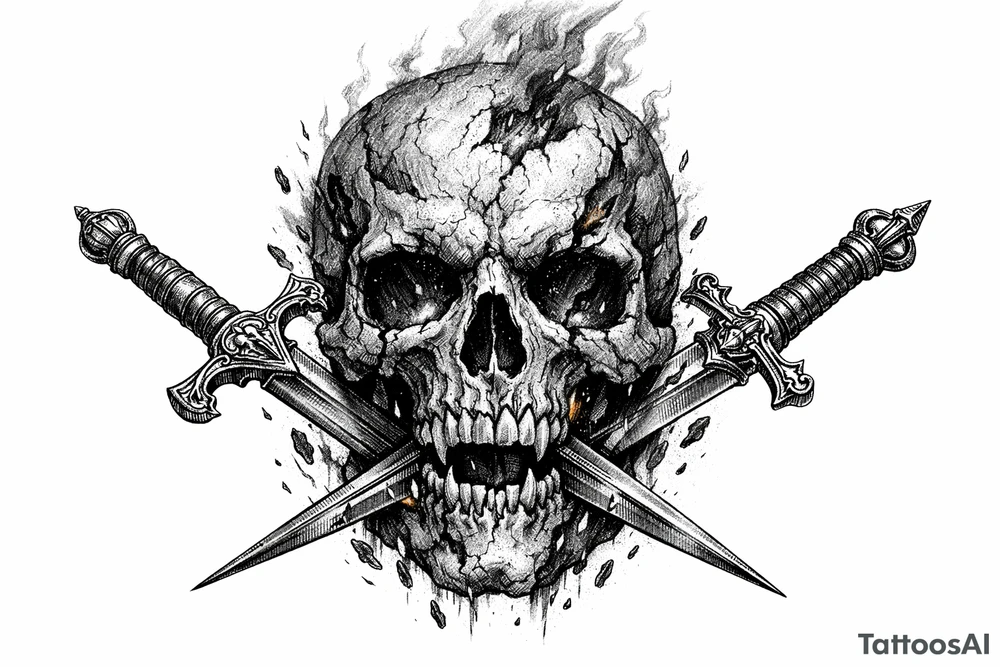 A weathered skull with burning embers, two ornate swords piercing its jaw. tattoo idea