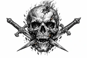 A weathered skull with burning embers, two ornate swords piercing its jaw. tattoo idea