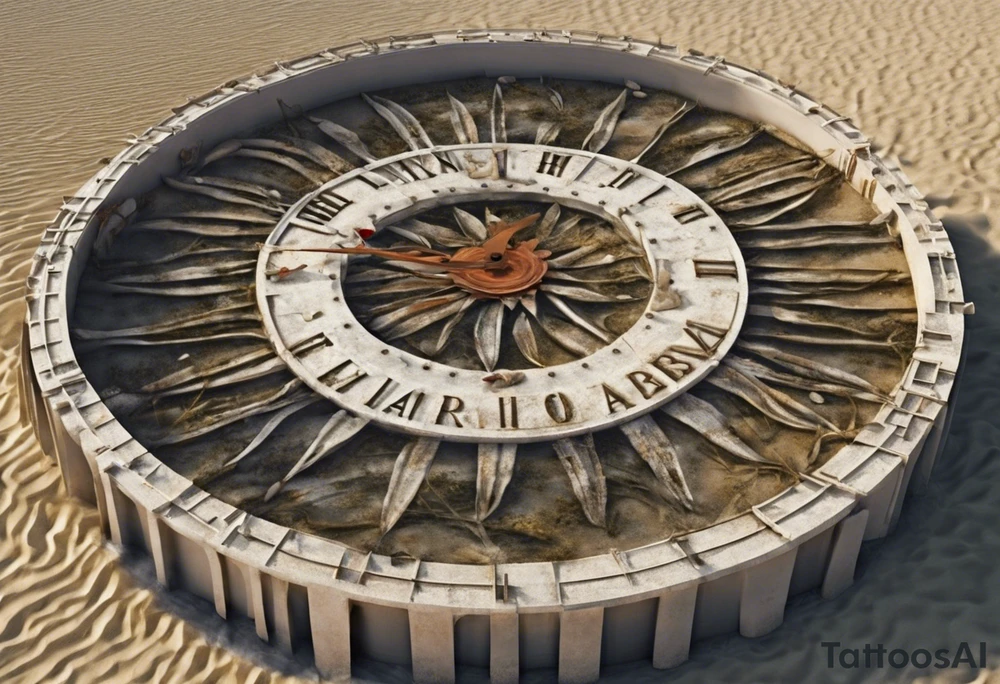 un reloj de arena que dentro de él habrá un barco enterrado en la arena, y al pie del reloj habrán flores. Bajo las flores habrá un papelito que diga "Atiny" y de él saldrán enredaderas con hojas pequeñas encerrando el reloj y arriba cerrará con un papelito que diga "Star1117" tattoo idea