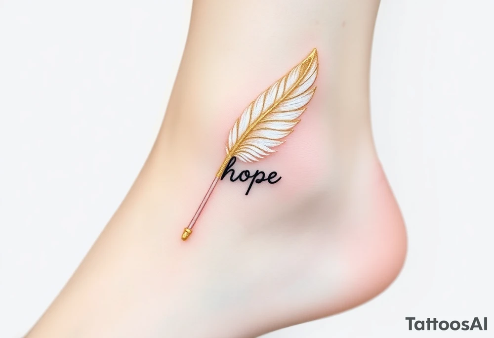 An angel’s feather in soft white with golden tips and word "hope" tattoo idea