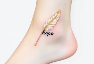 An angel’s feather in soft white with golden tips and word "hope" tattoo idea