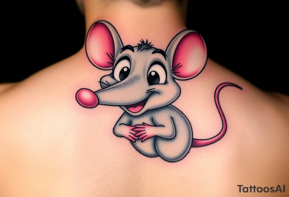 The image shows a cartoon rat with a long pointed nose, huge bulging eyes, and a cheeky, mischievous smile. The rat is grey with big pink ears and a thin pink tail visible on the right. Its little hands are held up close to its chest in a playful, sneaky pose. The expression makes the rat look funny, surprised, and a bit sly at the same time.

I want all his body..bigger nose, eyes poped out from the head + foots / i want the picture from the profile/side tattoo idea