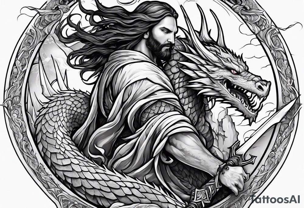 Jesus stabbing a dragon in the heart with a spear tattoo idea
