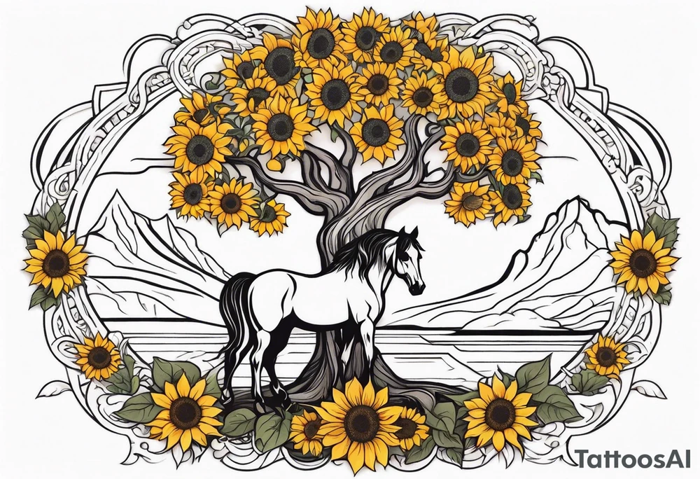 Yggdrasil tree, horse in front of it, and sunflowers tattoo idea