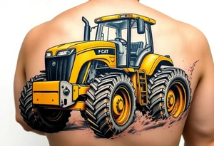 A hyper-realistic yellow tractor in motion, dust swirling around its massive tires. tattoo idea