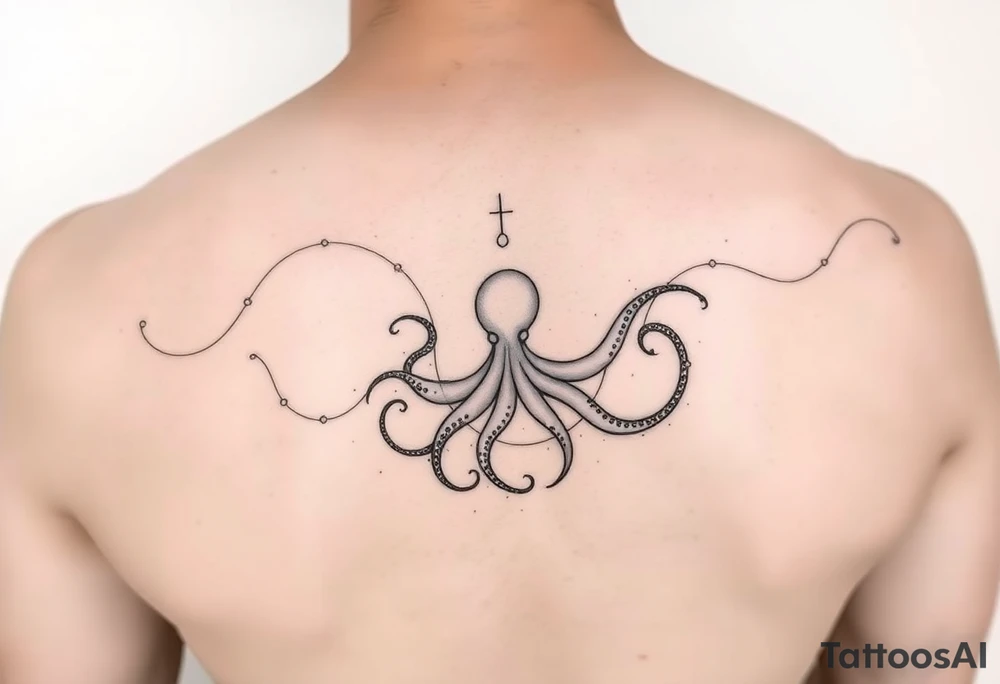 Delicate, abstract linework tattoo flowing, in a fine-line minimal style. The composition mimics ink or oil floating in water, with smooth organic curves and swirls. Hidden within the pattern is a subtle silhouette or suggestion of an octopus – its tentacles seamlessly integrated into the flowing design, almost like a mirage. The tattoo should have the feel of liquid movement, like gasoline on water, iridescent and ethereal, but rendered in clean black ink lines. Artistic and modern, feminine and elegant, non-literal. Inspired by contemporary abstract tattoo artists like Pis Saro and Balazs Bercsenyi.psychedelic dotwork sacred geometry sleeve tattoo idea