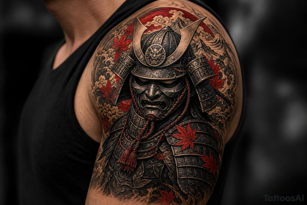 Pop black and grey samurai warrior mask, intricate details, shoulder. More big tattoo idea
