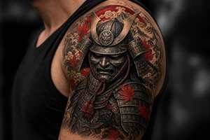 Pop black and grey samurai warrior mask, intricate details, shoulder. More big tattoo idea