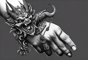 Demon hand holding, holding stringi with people on them, like puppet master tattoo idea