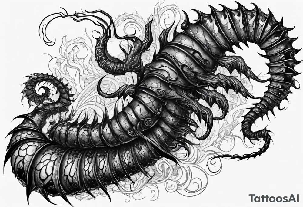 medieval bony demonic centipede warped on the collar bone with a fine point and sketch style tattoo idea