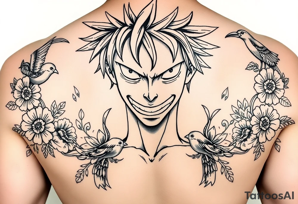 powerful majestic  luffy from one piece, surrounded by floral ornaments and birds tattoo idea