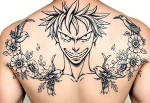 powerful majestic  luffy from one piece, surrounded by floral ornaments and birds tattoo idea