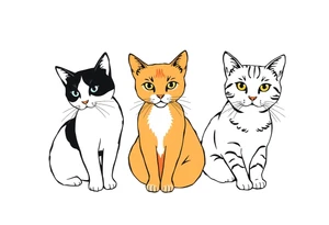 three cats, one black and white cat, one orange and white cat and one grey tabby cat tattoo idea