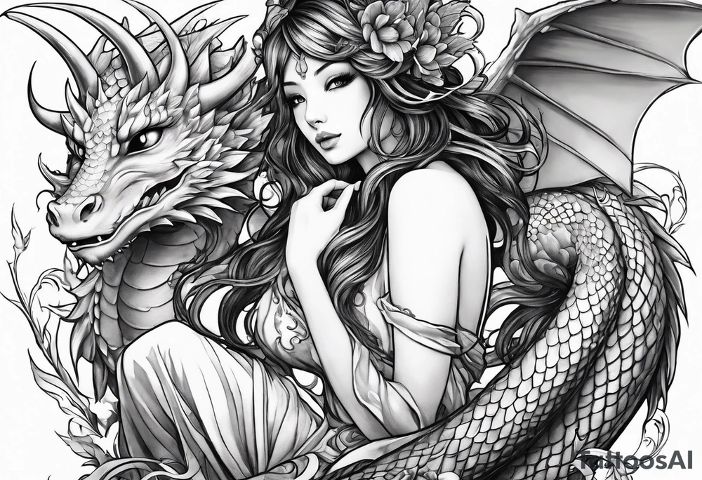 fairy nymph with a dragon friend tattoo idea