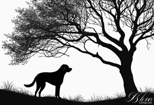 Silouette of a black lab under a bending tree. Wrist size tattoo idea