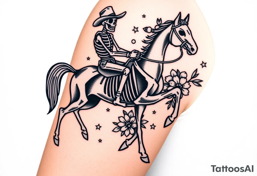 cowboy skeleton riding a horse skeleton on bicep, Fill with stars, dots, and flowers tattoo idea