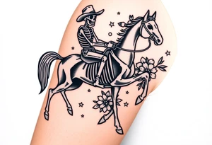 cowboy skeleton riding a horse skeleton on bicep, Fill with stars, dots, and flowers tattoo idea